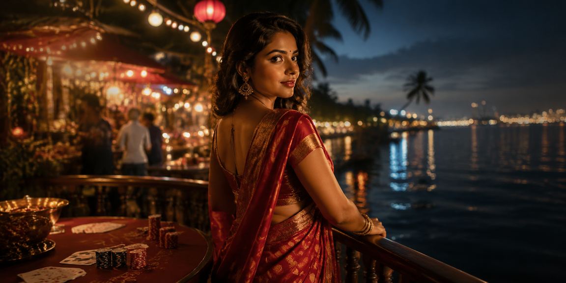 Indian woman playing poker game in traditional saree
