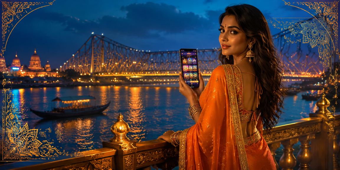Mobile casino play with blue and gold neon effects in Kolkata city environment